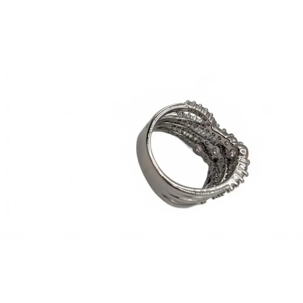 Silver Tone Multi-Row Crystal Accent Ring Size 6 - Picture 6 of 9